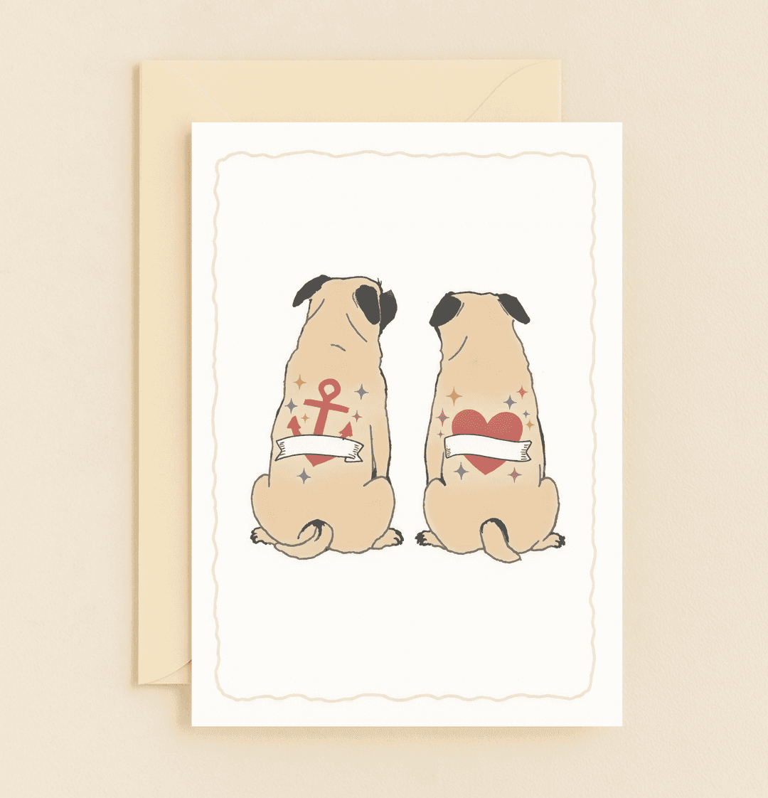 Celebrate your love with "Pugs and Kisses for Eternity," featuring personalized tattooed pugs and playful wordplay, perfect for an anniversary full of charm.