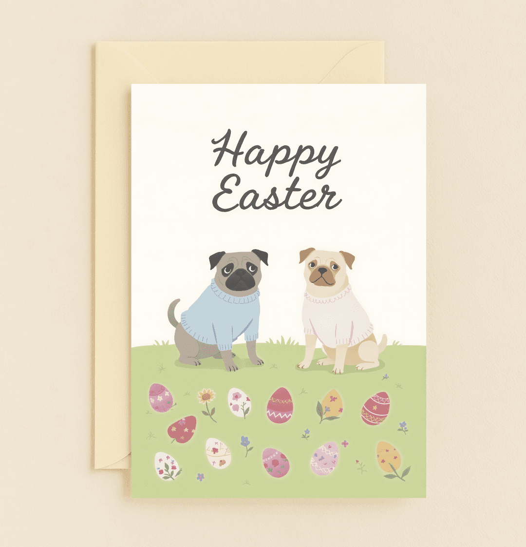 Celebrate Easter with whimsical joy, featuring two adorable pugs in sweaters surrounded by colorful eggs and flowers, perfect for dog lovers and spring enthusiasts.