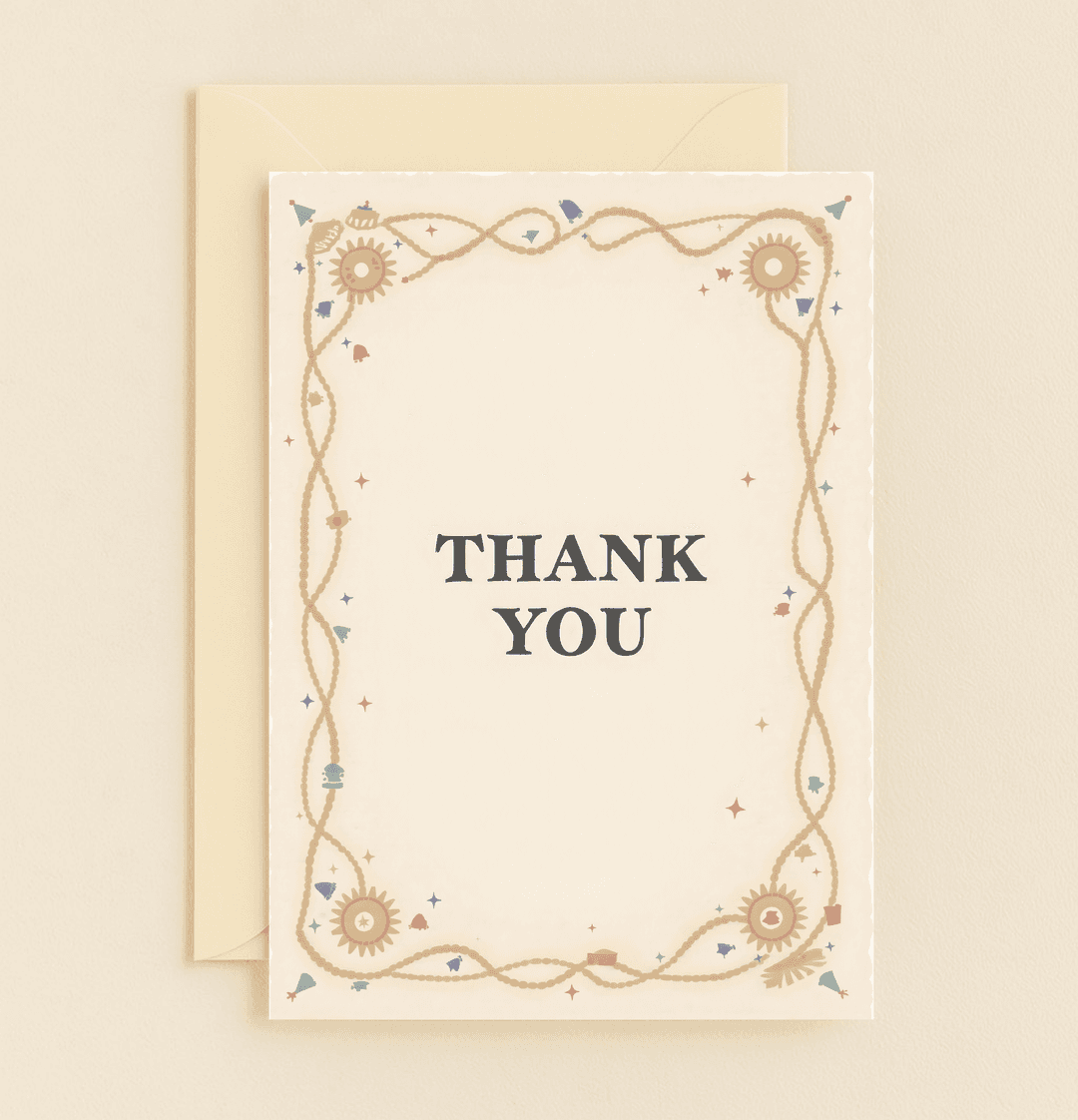 Express gratitude with a touch of sunshine through this elegant thank you card, featuring a rope border, sun icons, and playful pastel stars and bells.