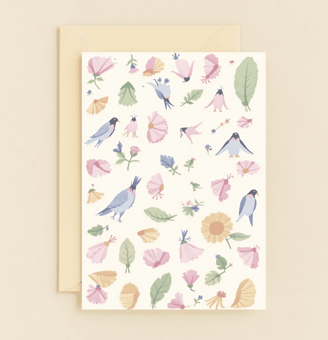Celebrate Mother's Day with this delightful card, featuring pastel birds and blossoms, evoking a light, airy springtime charm.