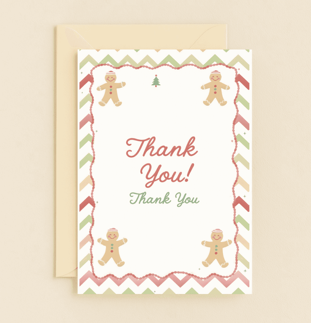 Express your heartfelt thanks with a festive touch using our "Sweet Gratitude: Gingerbread Delight" card, featuring charming gingerbread men and a cozy Christmas tree.