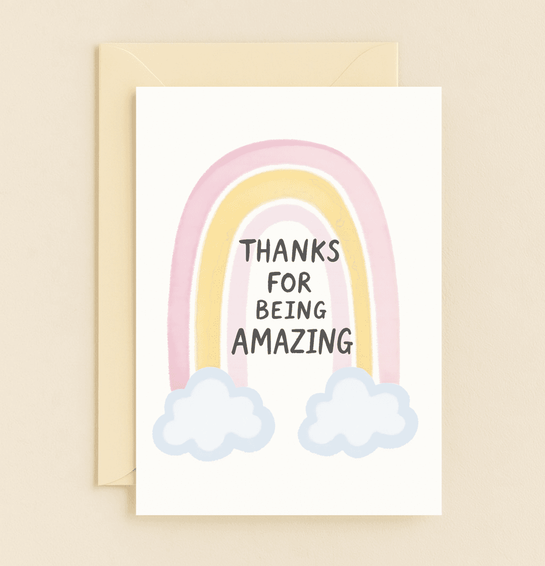 Brighten someone's day with our "Rainbow of Appreciation" card, featuring a pastel rainbow and clouds, perfect for expressing heartfelt gratitude.