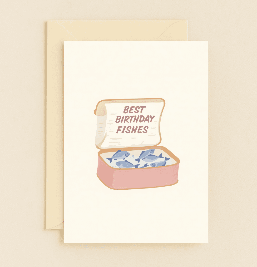 Dive into humor with our "Fin-tastic Birthday Wishes" card, featuring a playful pun and cute cartoon fish in a tin can for a splash of birthday fun.