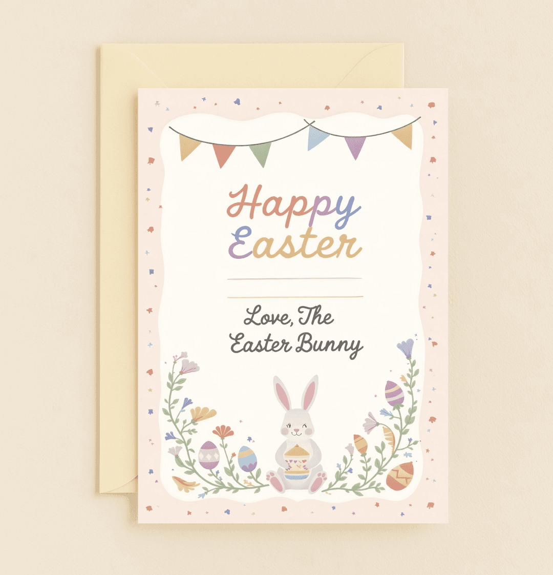 Celebrate Easter with a whimsical card featuring a playful bunny, colorful eggs, and festive flags in a charming pastel palette.