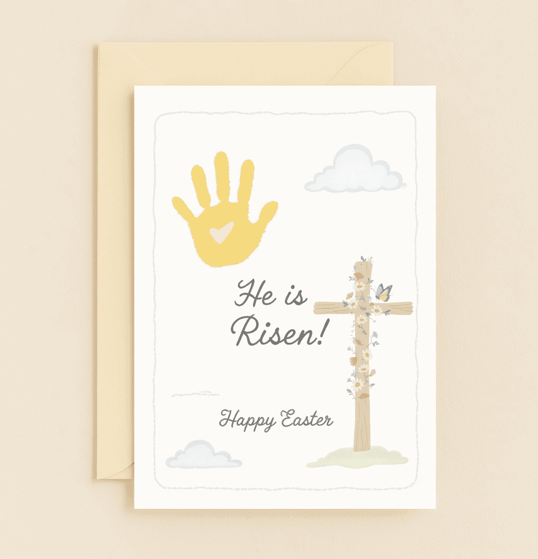 Celebrate Easter's renewal with a handprint heart, floral cross, and butterfly under fluffy clouds, featuring the uplifting message "He is Risen!.