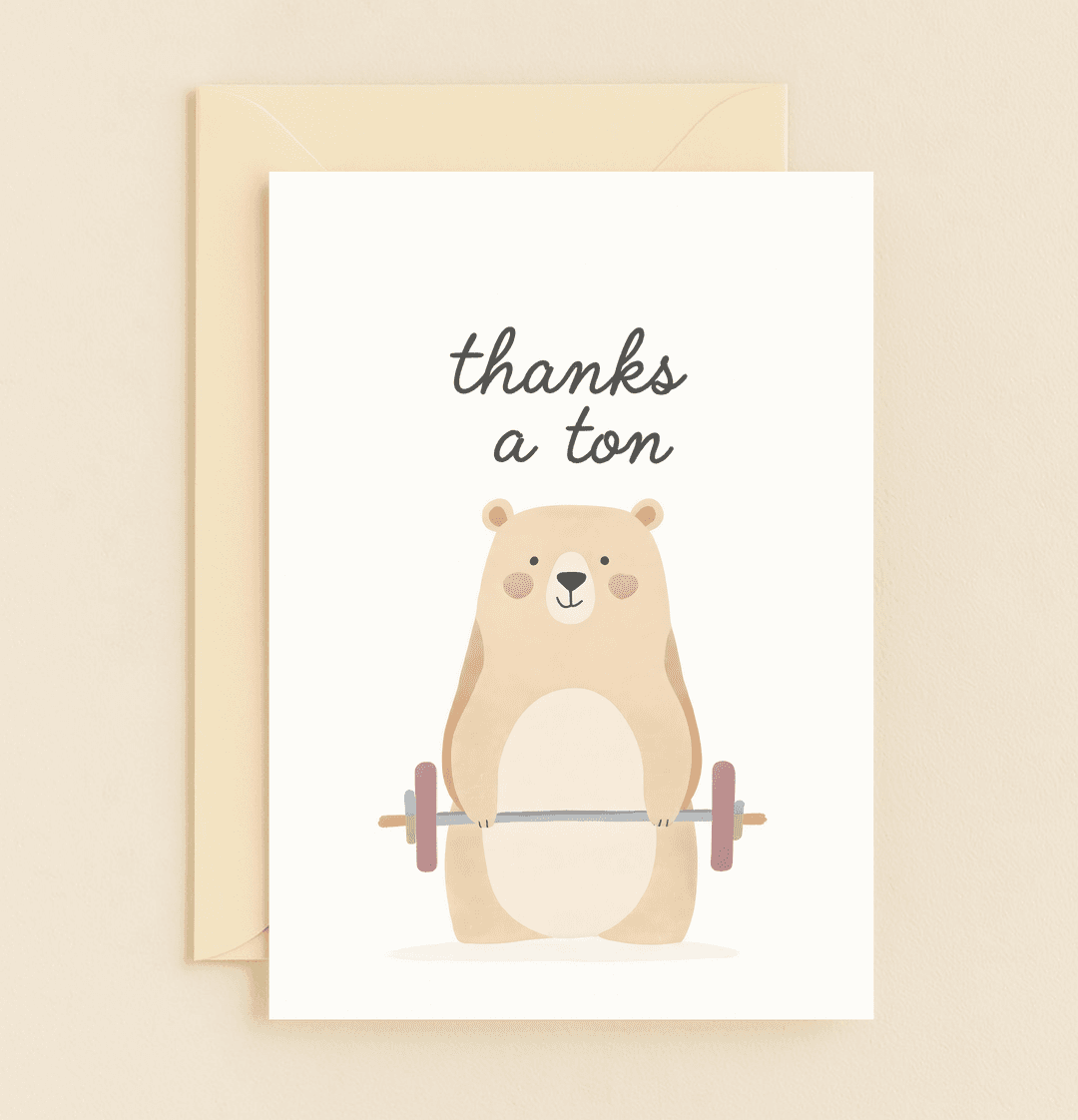 Say "thanks a ton" with this adorable card featuring a strong, cartoon bear lifting colorful weights, perfect for expressing gratitude with a playful twist.