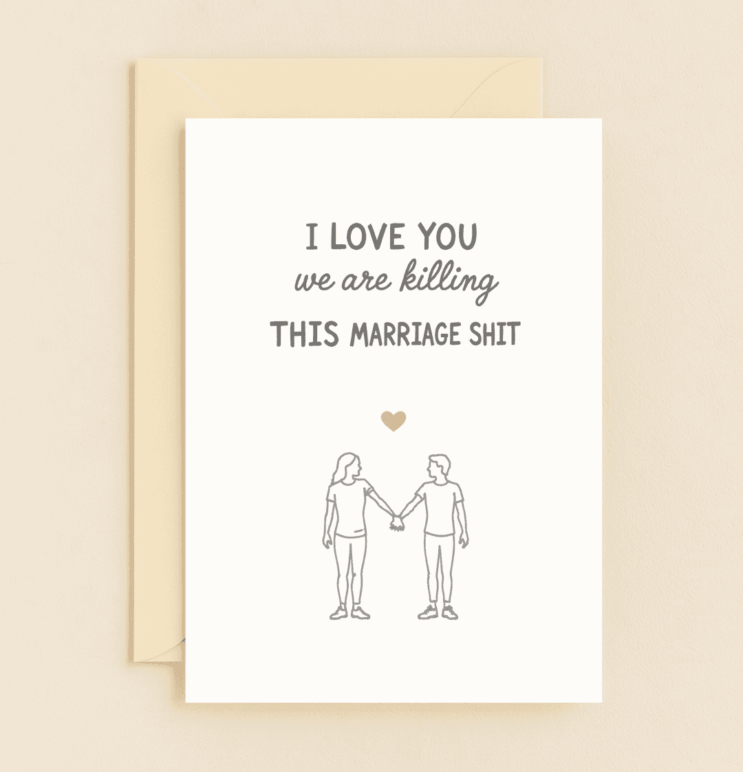 Celebrate your anniversary with a minimalist greeting card that blends love, laughter, and casual charm, featuring heartwarming art and playful wordplay.
