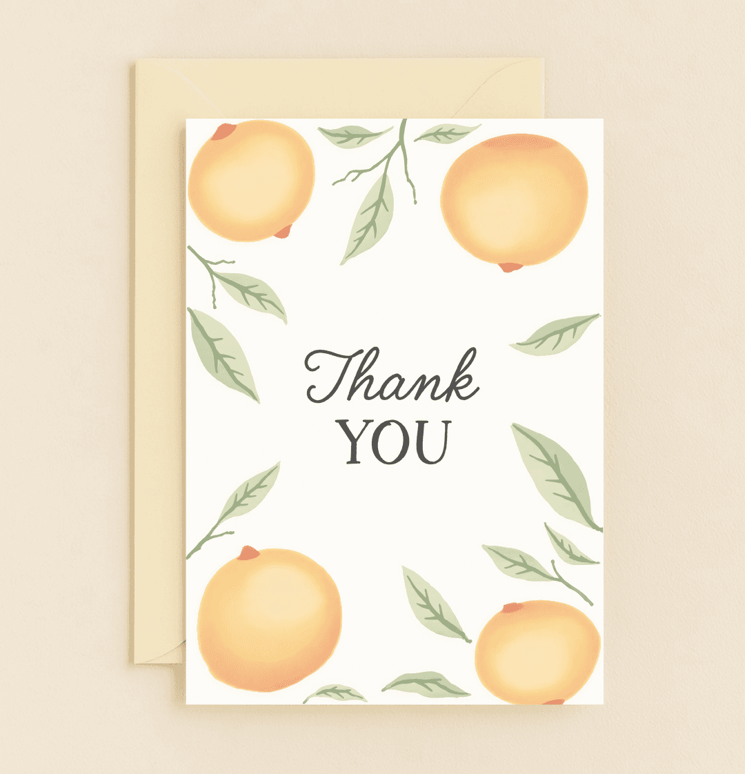 Express heartfelt thanks with the Peachy Gratitude Blossom card, featuring elegant watercolor peaches and leaves for a fresh, natural touch.