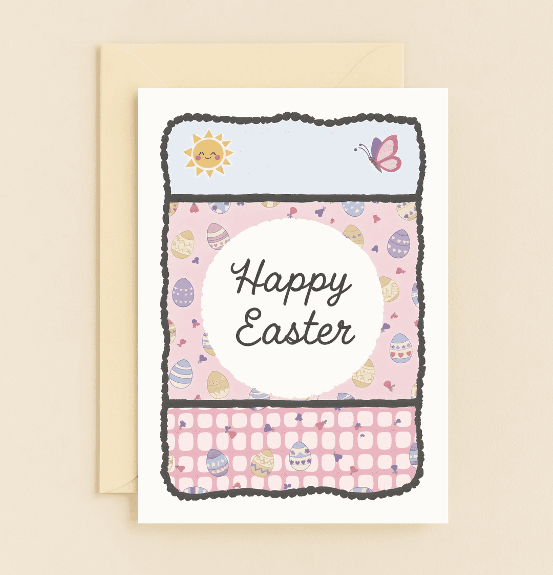 Bring holiday cheer with our "Sunny Smiles and Easter Delights" card, featuring a cute, pastel design of a smiling sun, butterflies, and colorful Easter eggs.