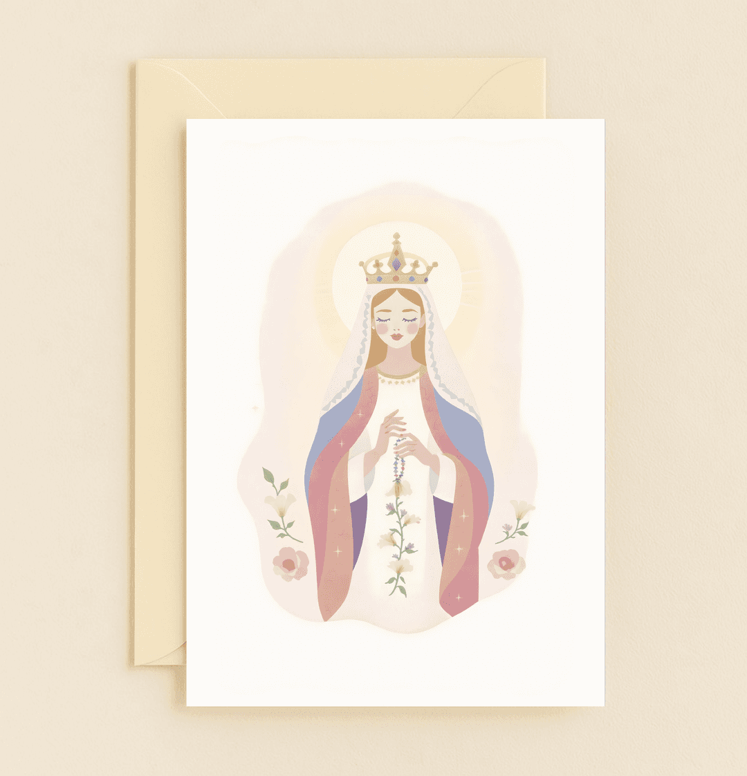 Celebrate Mother's Day with a serene card featuring a divine, Virgin Mary-inspired figure adorned with a crown, rosary, and halo amidst pastel blooms.