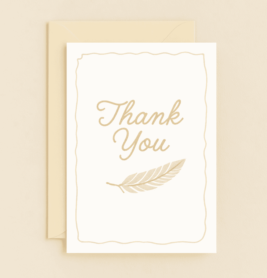 Express your gratitude with the Golden Gratitude Feather card, featuring elegant cursive and a gold feather design for a minimalist, sophisticated touch.