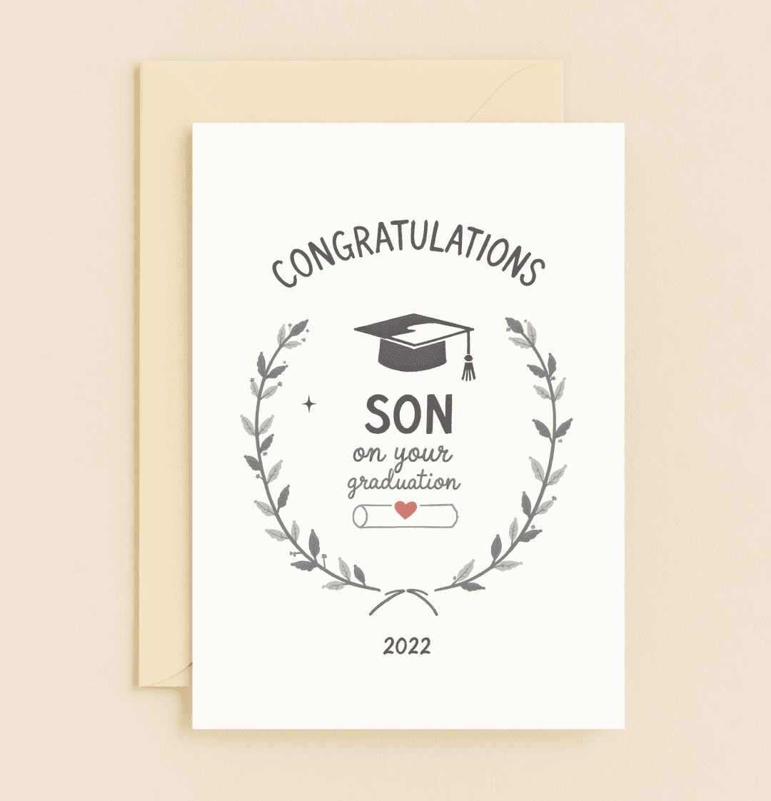 Celebrate your son's achievement with this elegant graduation card featuring a cap, diploma, heart, and wreath design, perfect for marking his proud moment.