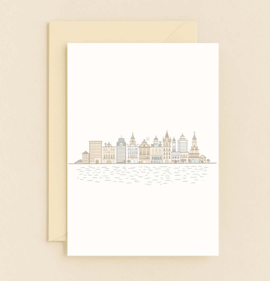 Celebrate your love with a whimsical pastel cityscape anniversary card, featuring serene waterfront views and enchanting architecture.