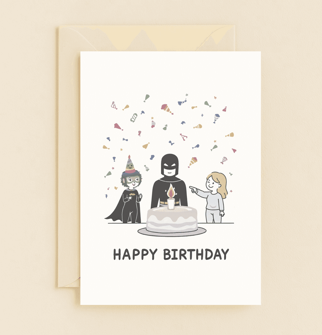 Celebrate a superhero-style birthday with a pun-filled card featuring caped characters, cake, and confetti for a truly heroic bash!.