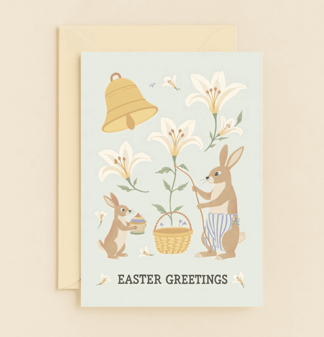 Celebrate Easter with a whimsical greeting card featuring playful rabbits, colorful eggs, and charming lilies, perfect for spreading festive joy.