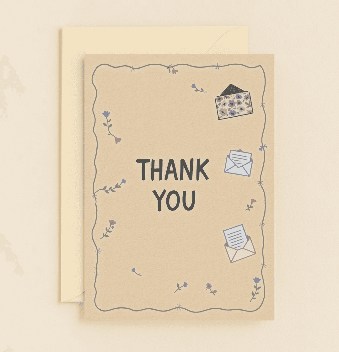 Express your heartfelt gratitude with this elegant thank you card, featuring bold typography and a whimsical floral border on a classic beige background.