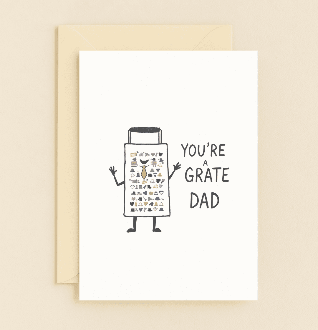 Celebrate Father's Day with a punny card featuring a charming cheese grater dad in a tie, complete with whimsical doodles and a smiling face.