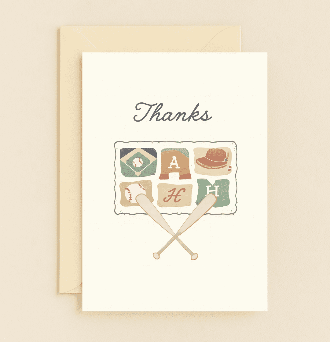 Express gratitude with a humorous twist in our "Pitch Perfect Appreciation" card, featuring baseball icons and a stylish fedora for a sporty thank you.