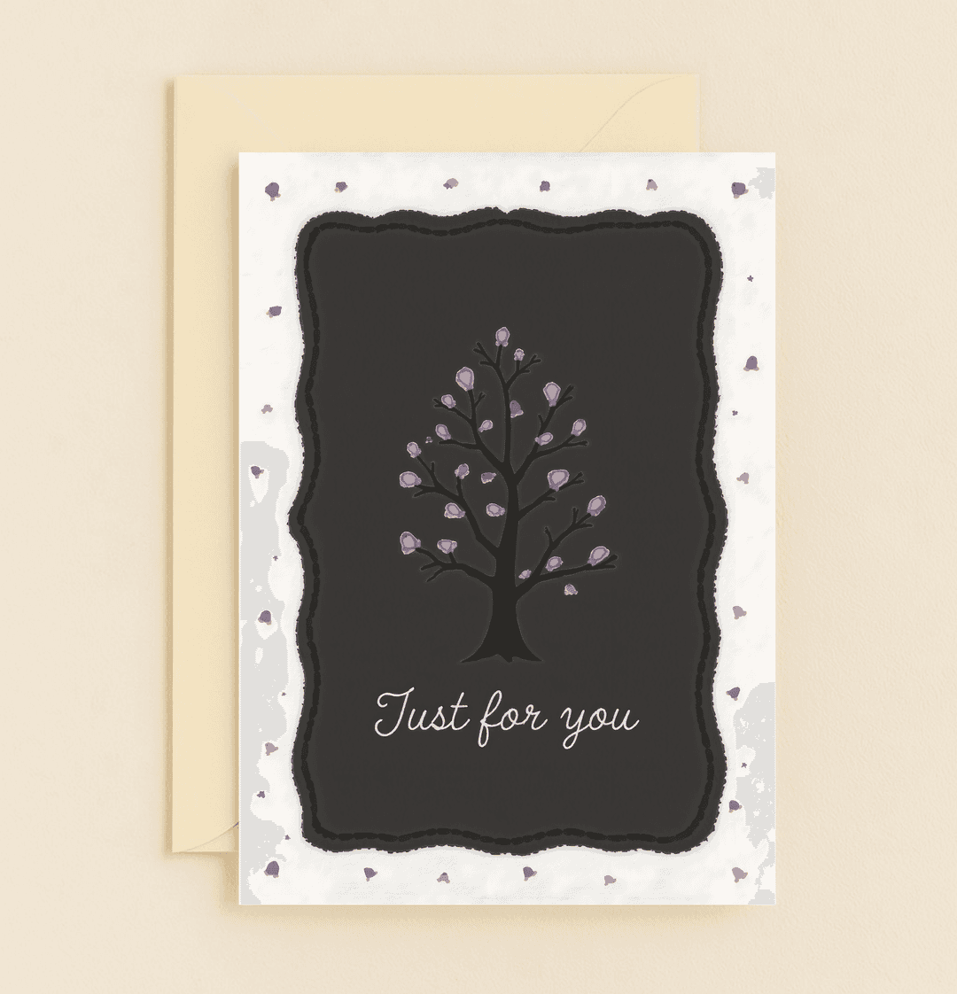 Express heartfelt gratitude with this elegant thank you card, featuring a stylized tree adorned with purple blossoms on a minimalist black backdrop.