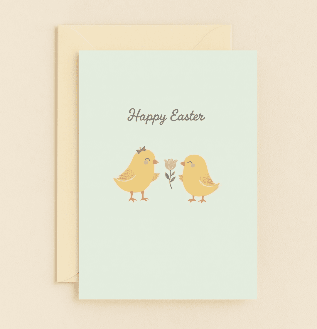 Send heartfelt Easter wishes with this charming card featuring adorable chicks, a tulip, and a cheerful "Happy Easter" greeting on a pastel backdrop.