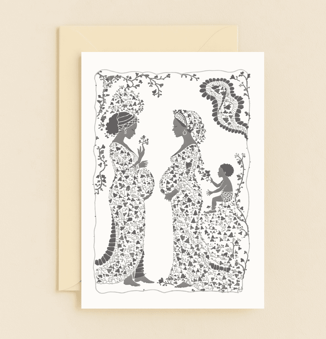 Celebrate Mother's Day with this elegant card featuring two pregnant women adorned in floral patterns, symbolizing unity and the beauty of family bonds.
