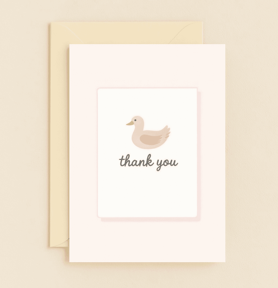 Express your gratitude with a charming pink duck on a minimalist card, perfect for sending heartfelt thanks in a delightful, pastel tone.