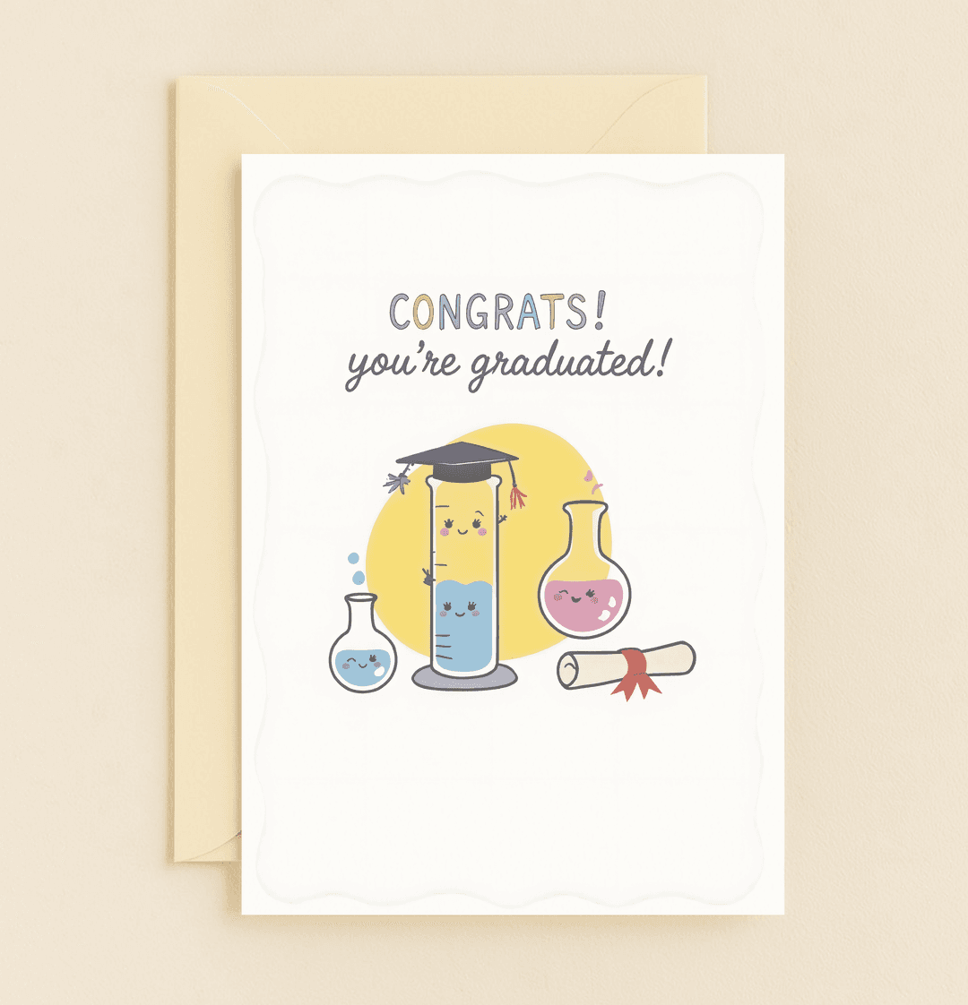 Celebrate your grad's scientific achievements with this playful card featuring smiling lab gear and a punny message, perfect for any budding scientist.