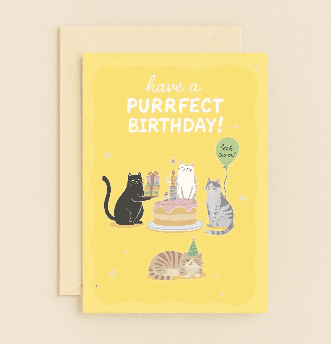 Delight cat lovers with a whimsical birthday card featuring playful puns, adorable cats, and vibrant party elements for a purrfect celebration.