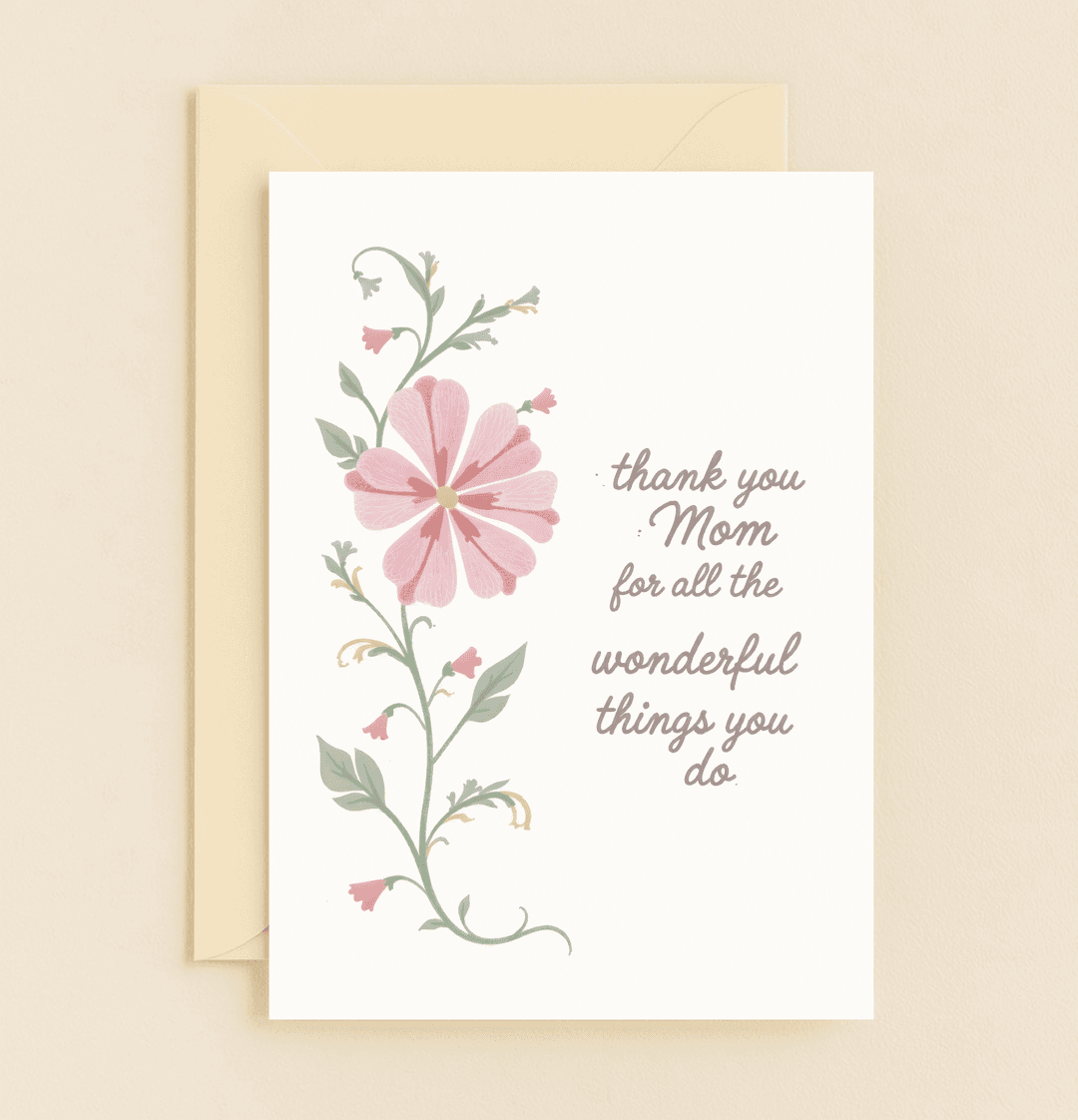 Celebrate Mother's Day with this elegant card, featuring a pink floral design and a heartfelt cursive message of gratitude for all Mom's wonderful deeds.