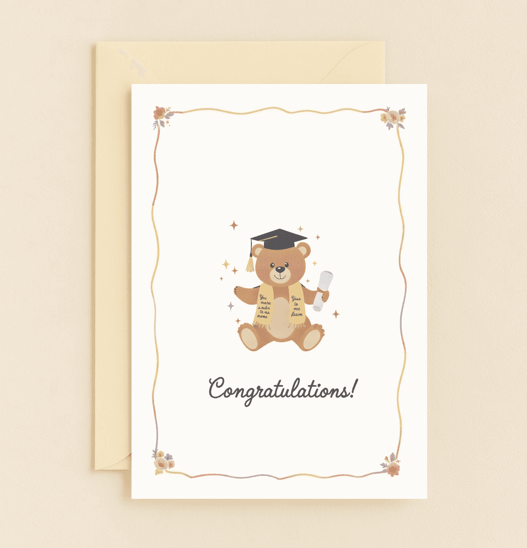 Celebrate graduation with an adorable teddy bear card featuring a cap, diploma, stars, and floral accents for a playful and heartfelt congratulation.