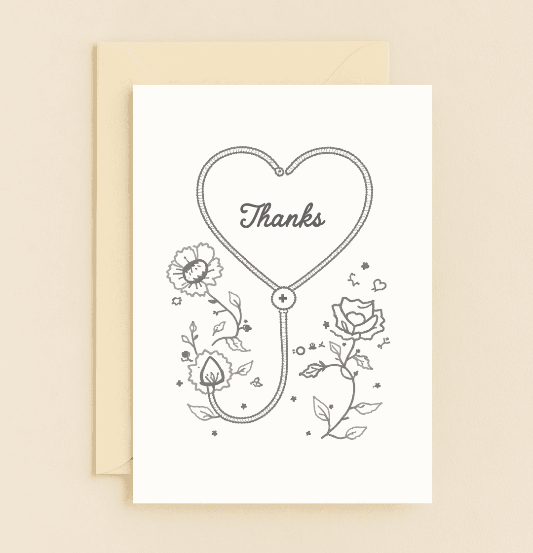 Express heartfelt gratitude with this floral-themed card featuring a heart-shaped stethoscope and "Thanks" at its center, perfect for healthcare heroes.