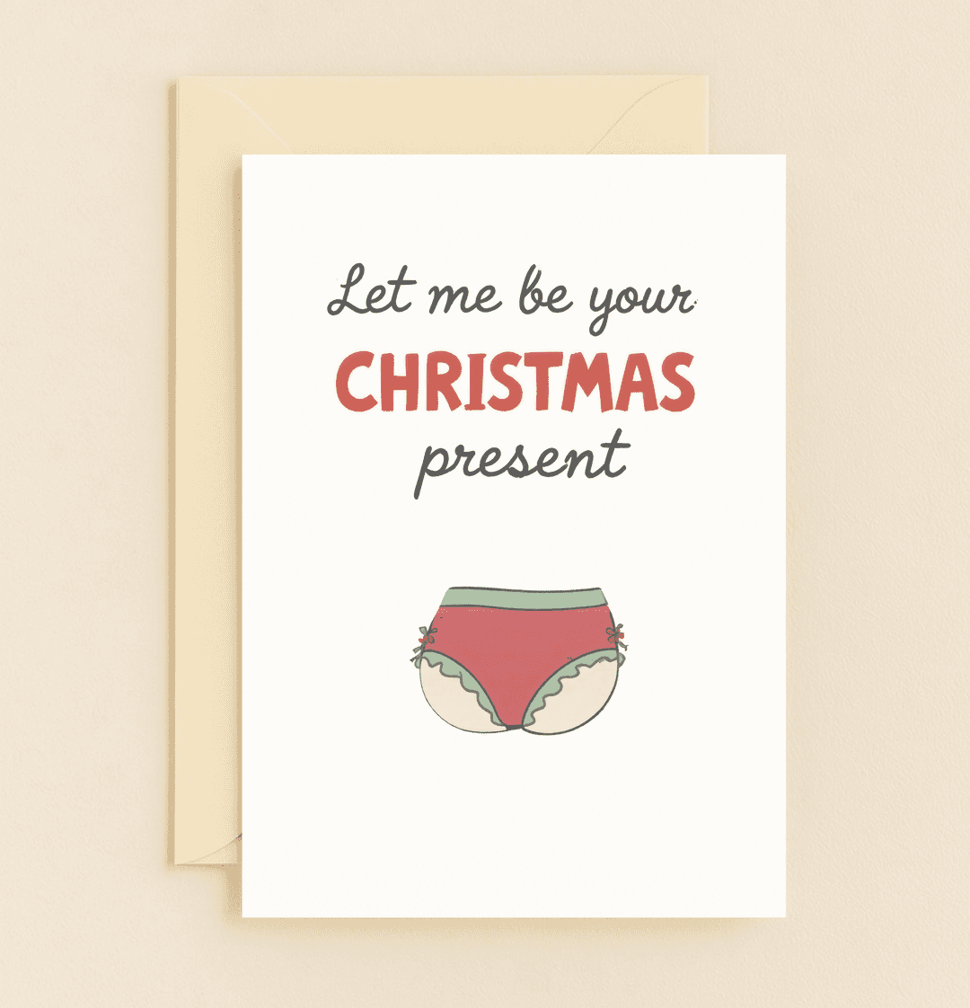 Add a cheeky twist to your holiday greetings with "Festive Flirt: Unwrap the Fun!" featuring playful text and festive underwear illustration.