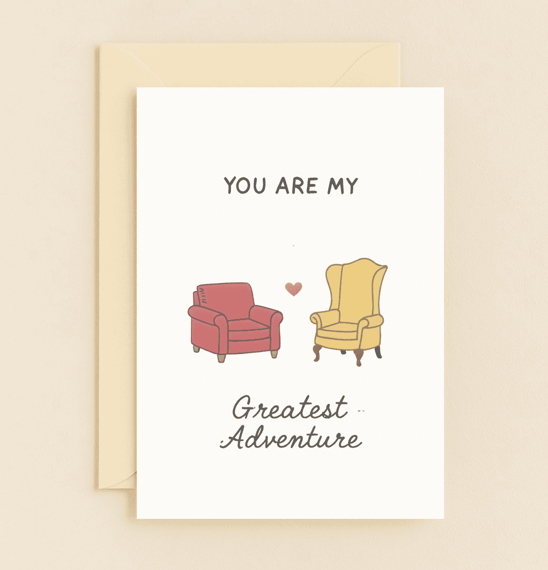 Celebrate love's journey with a minimalist Valentine's card featuring two charming armchairs and a heart, symbolizing your greatest adventure together.