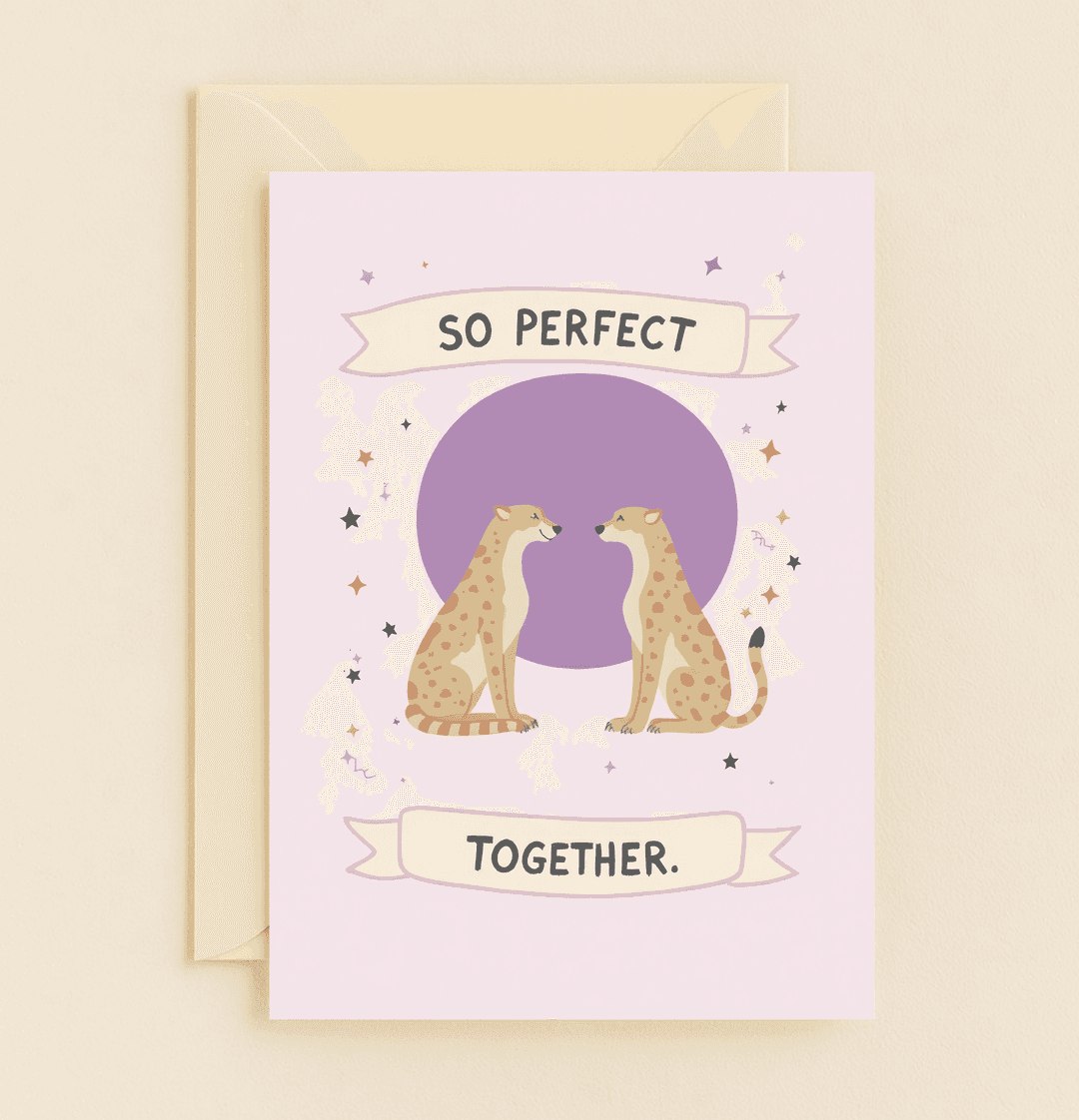 Celebrate your anniversary with this charming card featuring cartoon cheetahs, playful stars, and sweet banners that capture the essence of being "So Perfect Together.