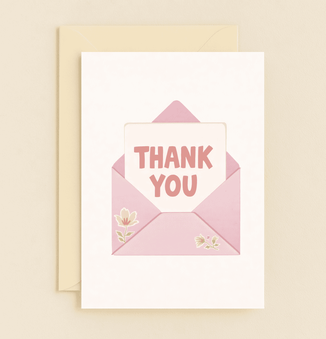 Express heartfelt thanks with this charming card featuring bold red "THANK YOU" text and delicate floral designs on a soft pink envelope.