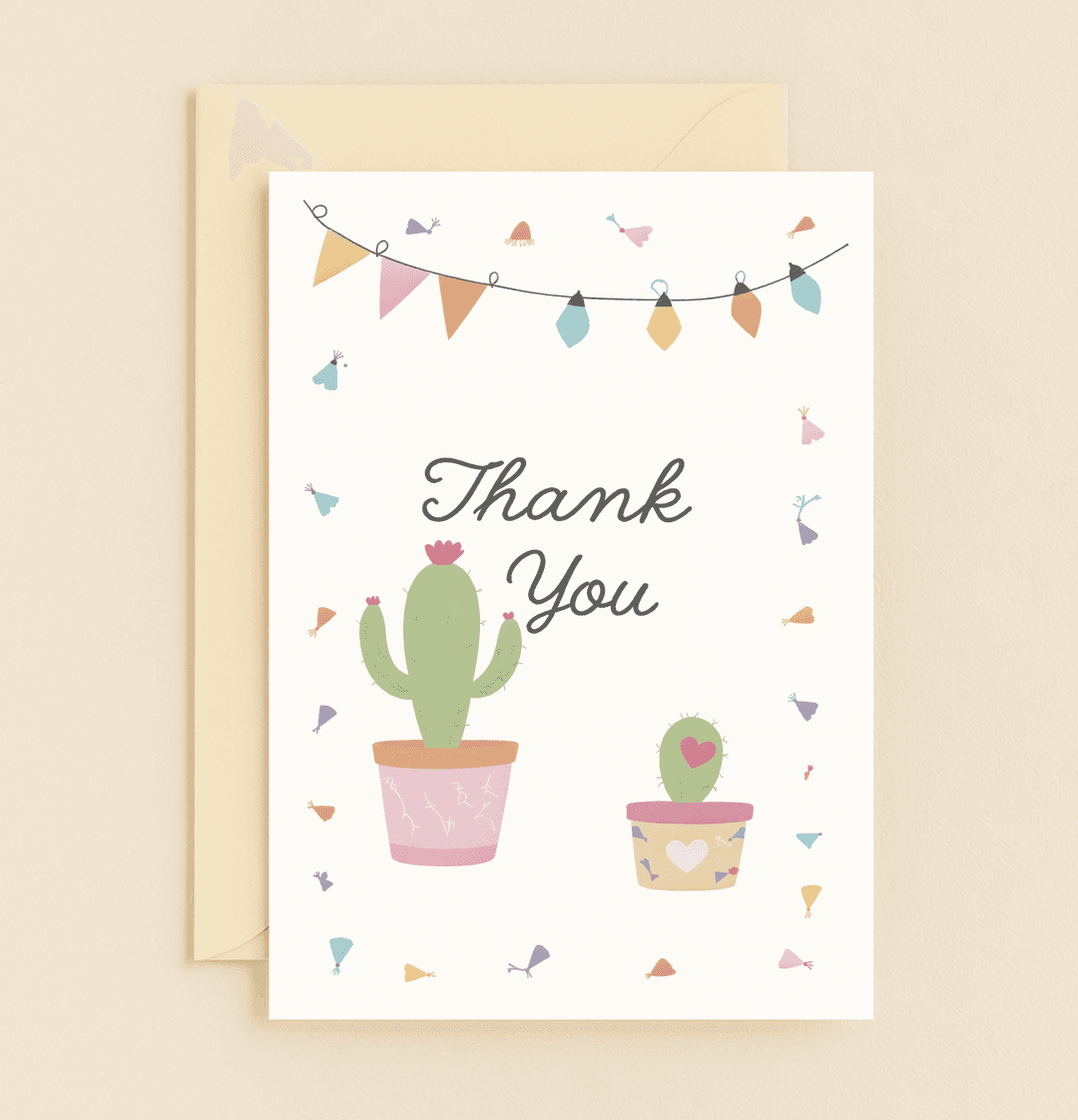 Brighten someone's day with this colorful "Thank You" card featuring cheerful cacti, festive pennant banners, and vibrant confetti accents.