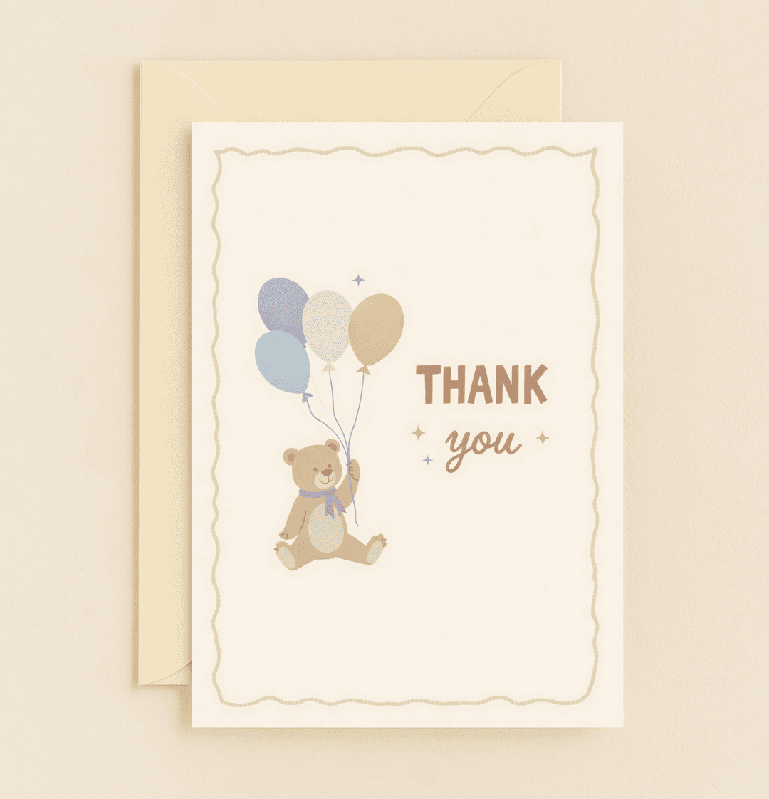 Express gratitude with a playful touch using our Balloon Bear Delight card, featuring a charming teddy bear and pastel balloons for a heartfelt thank you.