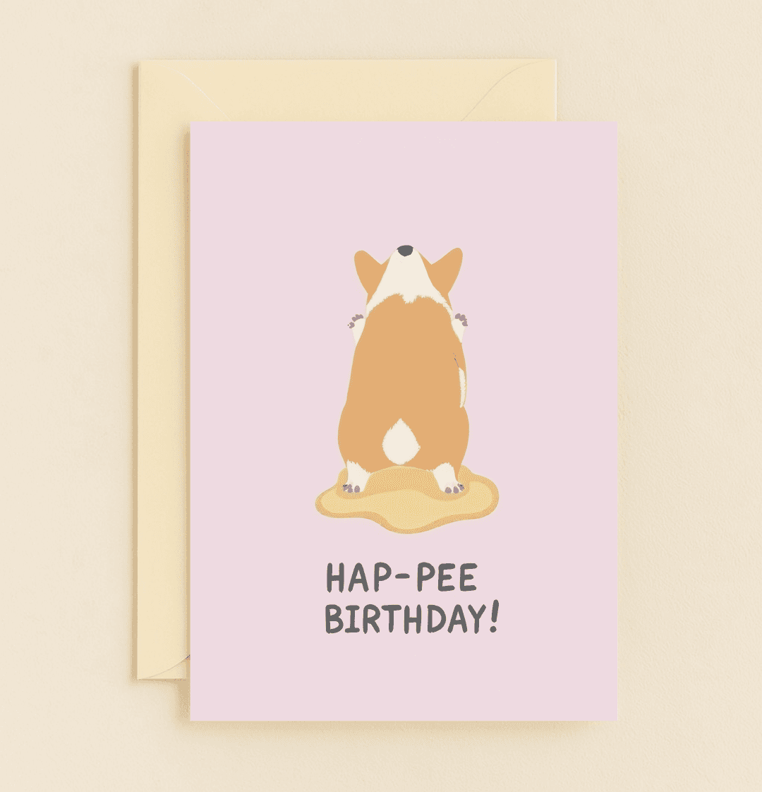 Celebrate with laughter using our "Corgi's Comical Birthday Surprise!" card, featuring playful puns and a cheeky corgi on a pastel pink backdrop.