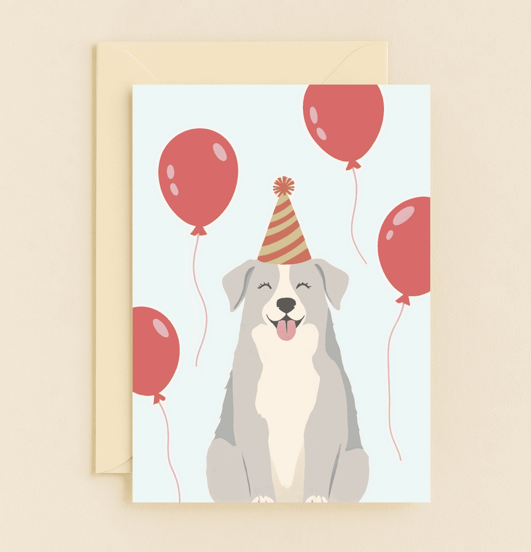 Paws and Celebrate Joyfully! features a cute dog in a striped party hat surrounded by red balloons, perfect for a joyful and festive birthday celebration.