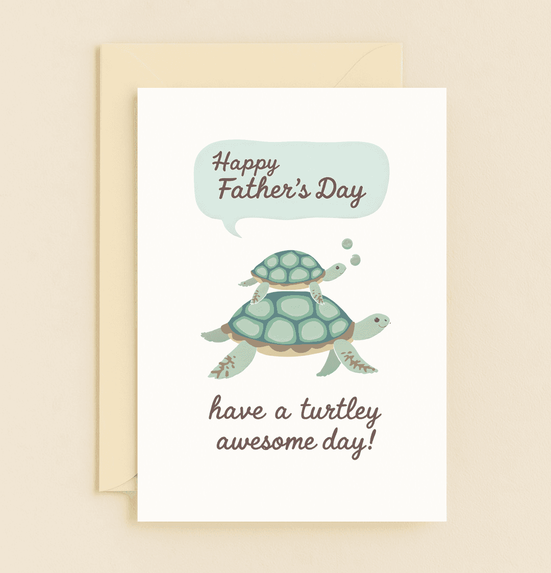 Celebrate Father's Day with a whimsical turtle-themed card, featuring playful illustrations and pun-filled wishes for a "turtley awesome" dad.