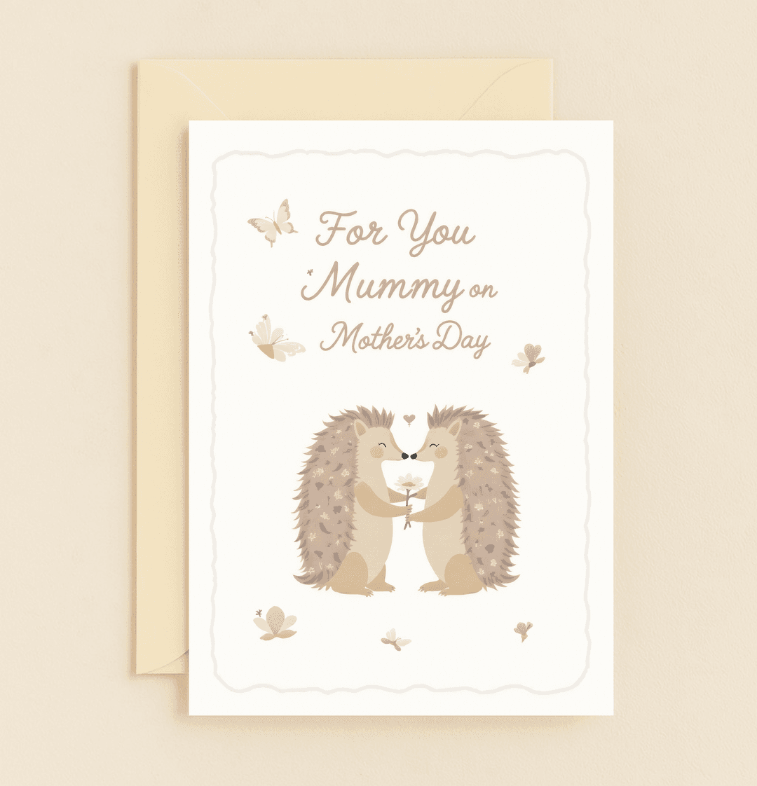 Celebrate Mother's Day with a whimsical card featuring adorable hedgehogs, daisy flowers, and butterflies, perfect for conveying sweet love and joy.