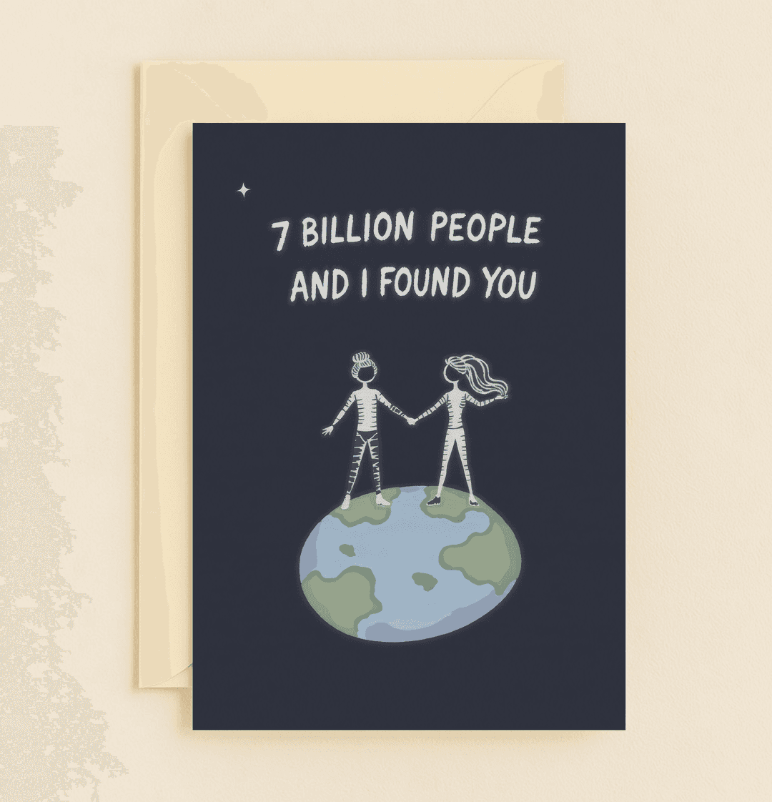 Celebrate your unique bond with this heartfelt anniversary card, featuring stick figures holding hands on Earth amidst a cosmic space theme.