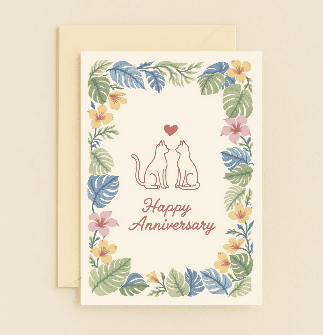 Celebrate your anniversary with a purrfectly romantic card featuring adorable cats, vibrant tropical leaves, and heartwarming love.