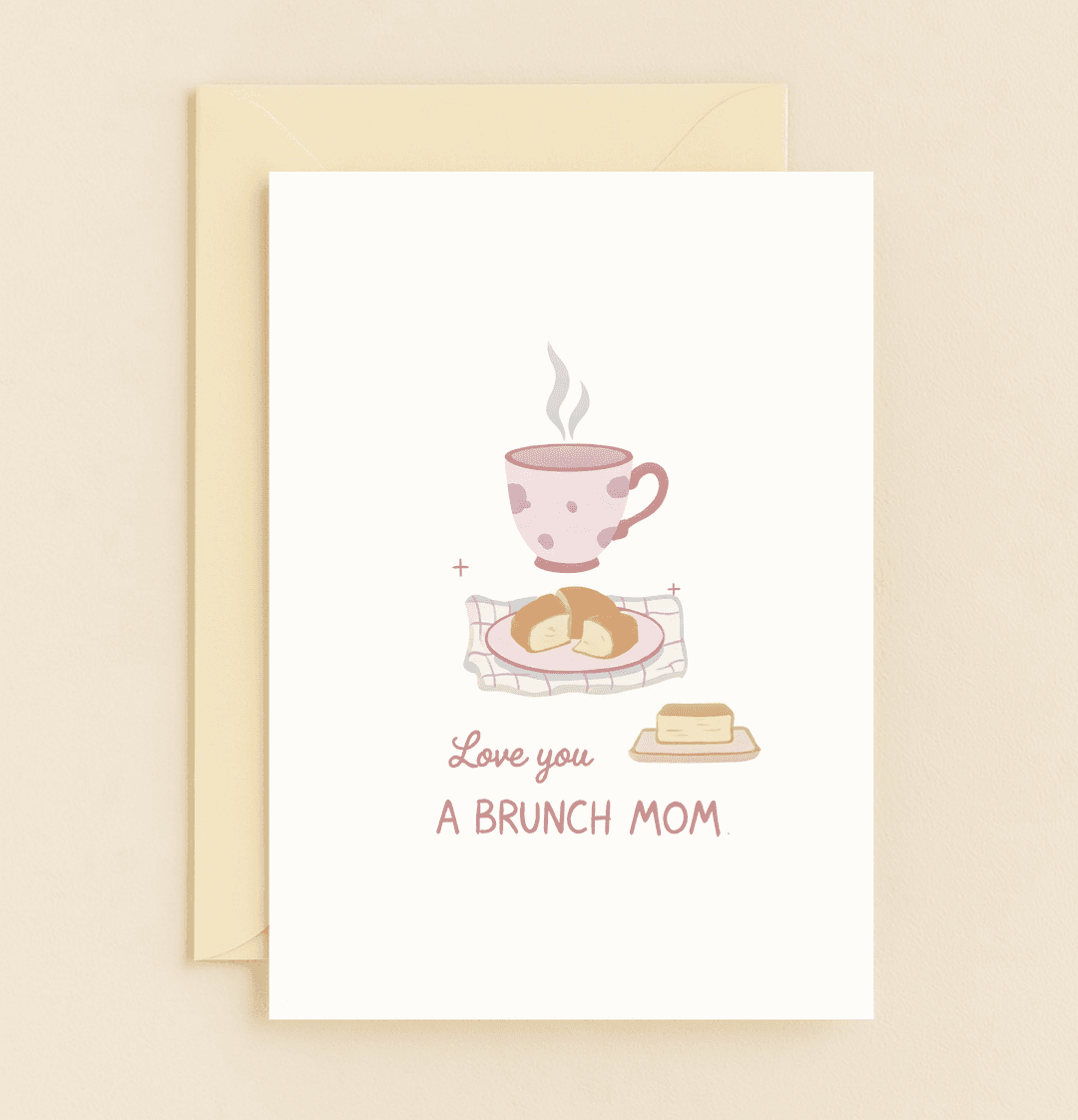 Celebrate Mother's Day with a delightful brunch-themed card featuring playful puns and pastel hues, perfect for the mom who loves a cozy coffee moment.