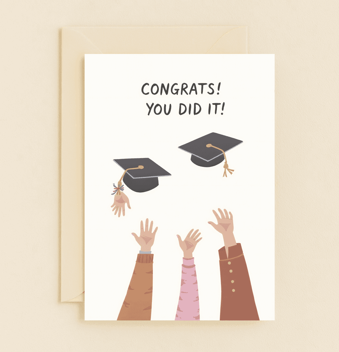 Celebrate graduation with a joyful card featuring airborne caps and raised hands, capturing the essence of achievement and success.