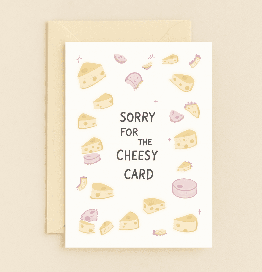 Express gratitude with a smile using this pun-filled card featuring whimsical cheese illustrations and playful wordplay.