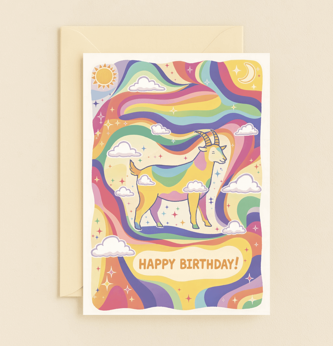 Celebrate in style with the Groovy Goat Birthday Extravaganza card, featuring a rainbow-hued goat amid swirling 70s-inspired psychedelic clouds and celestial smiles.