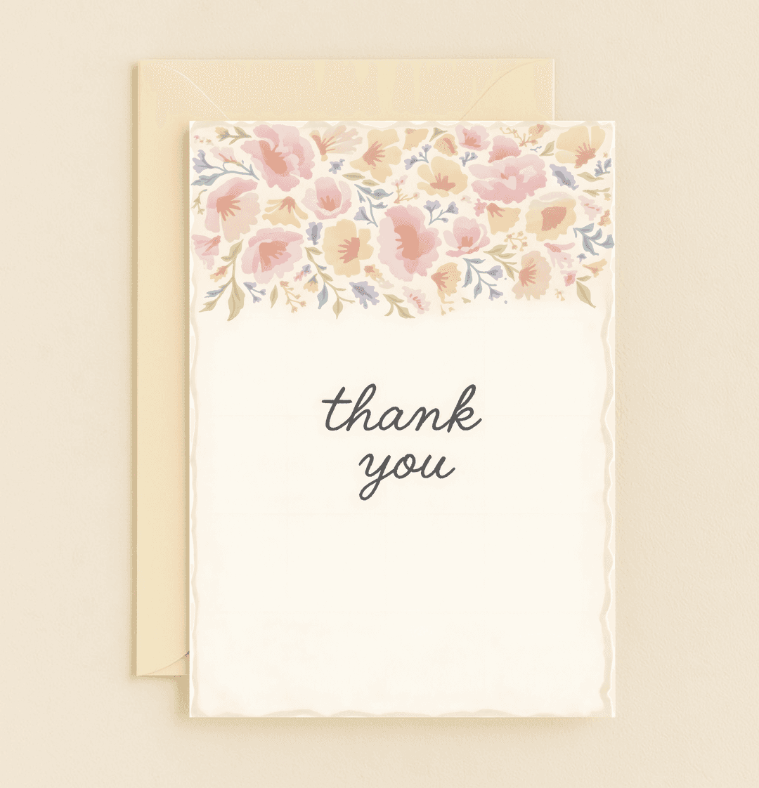 Express your gratitude elegantly with this minimalist "Floral Gratitude Embrace" card, featuring a watercolor floral pattern and handwritten "thank you" on cream.