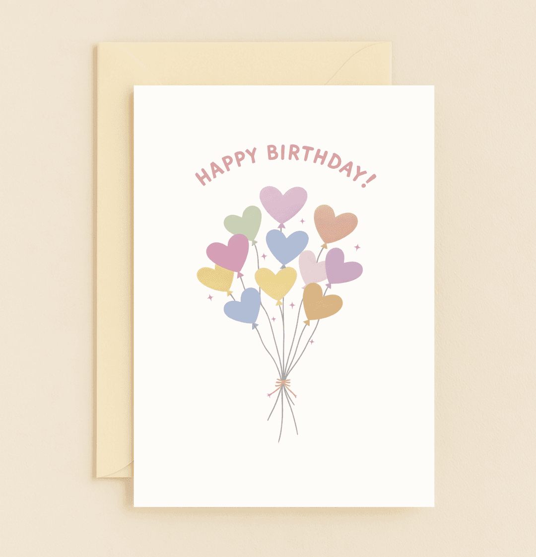 Celebrate a special birthday with our charming card featuring pastel heart-shaped balloons and cheerful "HAPPY BIRTHDAY!" wishes in vibrant colors.