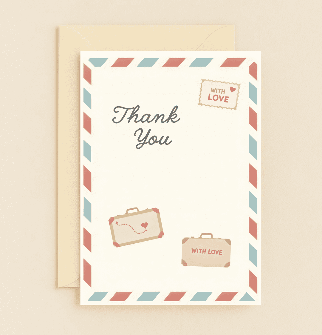 Embark on a heartfelt journey of gratitude with this travel-inspired thank you card, featuring charming suitcases, airmail accents, and loving details.